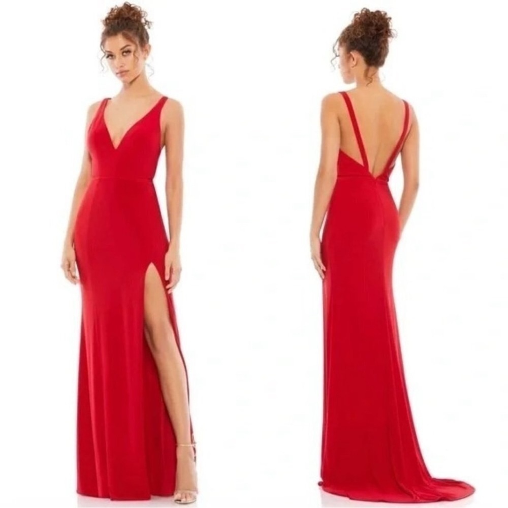 Mac Duggal Red V-Neck Backless Maxi Gown with High Slit